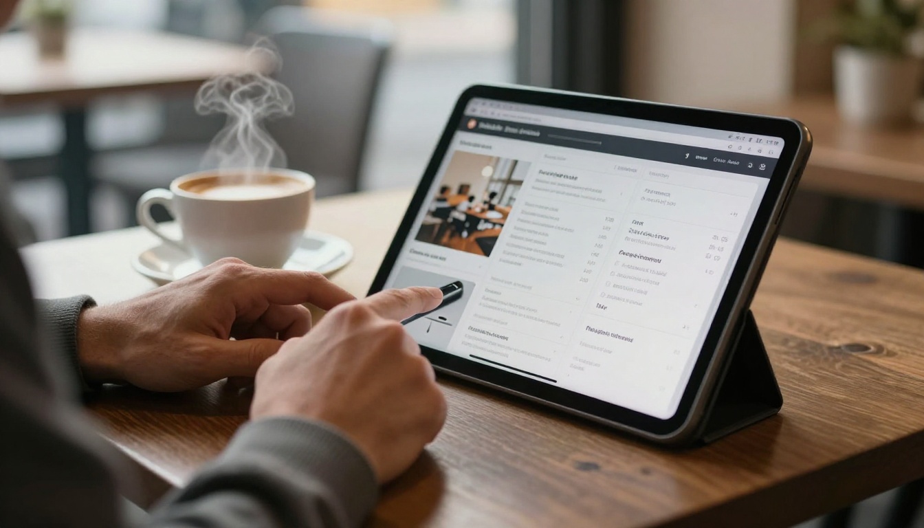 Hands scrolling an interactive product catalog on a tablet at a cafe table Hands scrolling an interactive product catalog on a tablet at a cafe table