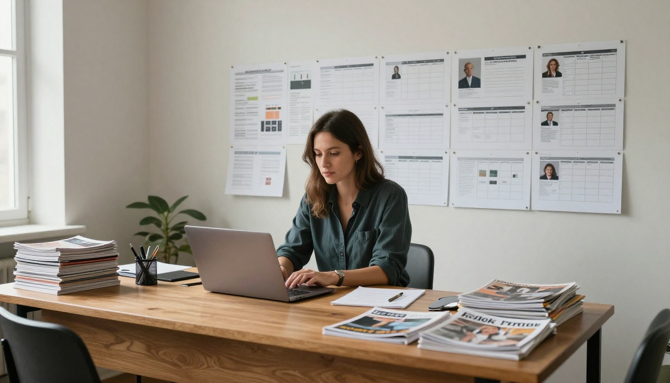 Content marketing manager at a shared desk with a printed content calendar Content marketing manager at a shared desk with a printed content calendar