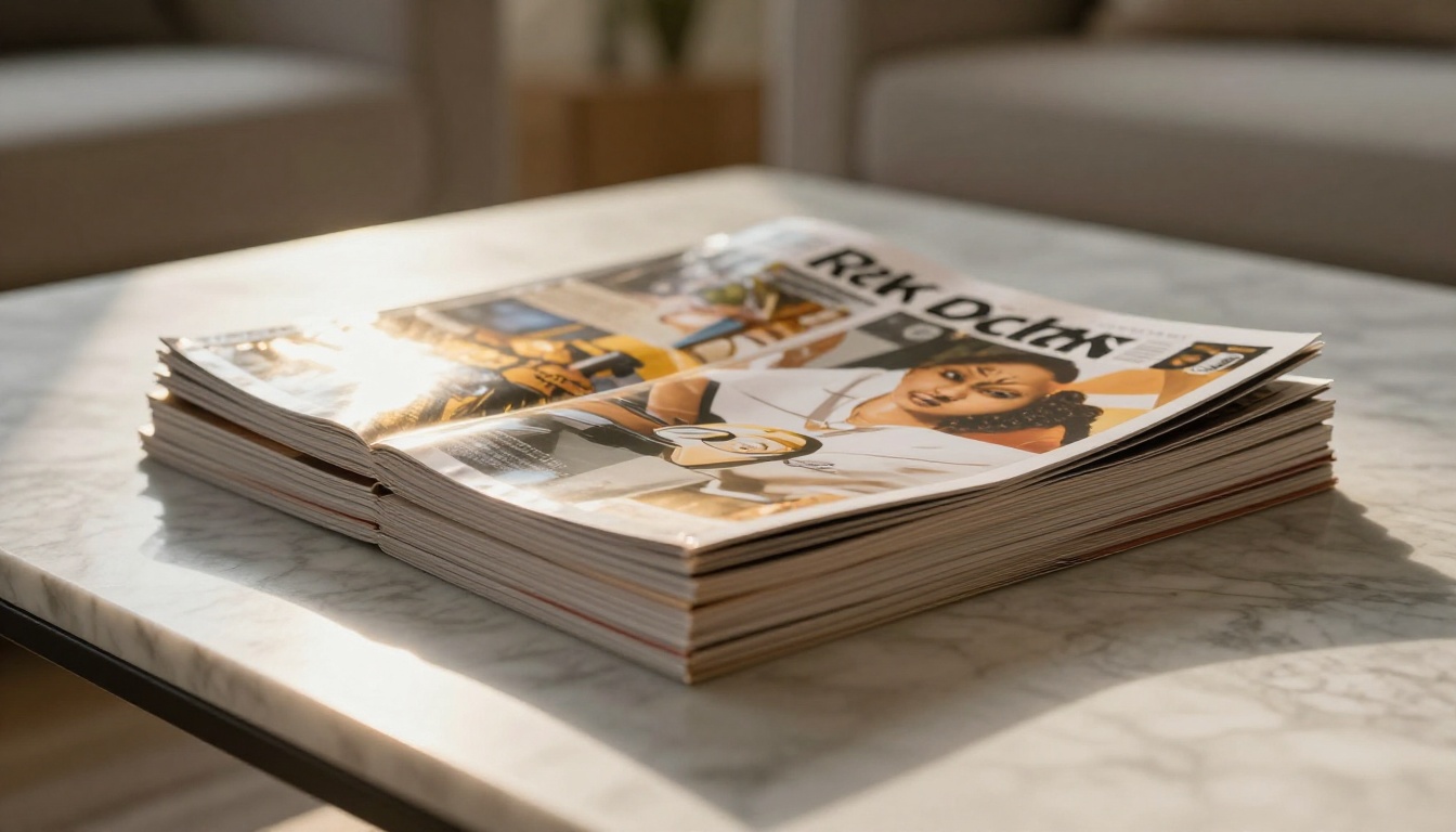 Stack of printed glossy magazines on a marble coffee table