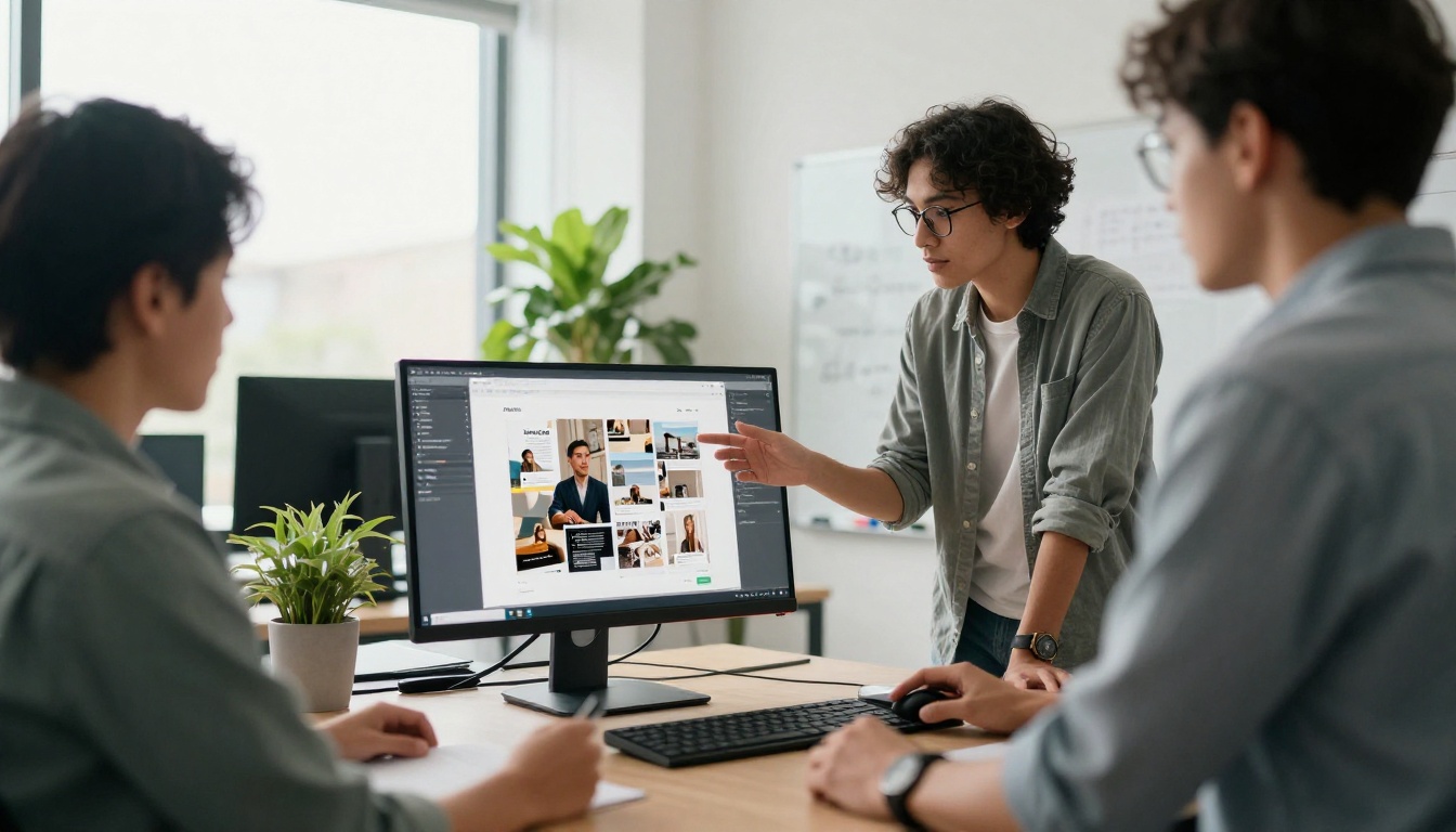 Low-angle view of a marketing team reviewing a digital magazine layout at a standing desk Low-angle view of a marketing team reviewing a digital magazine layout at a standing desk