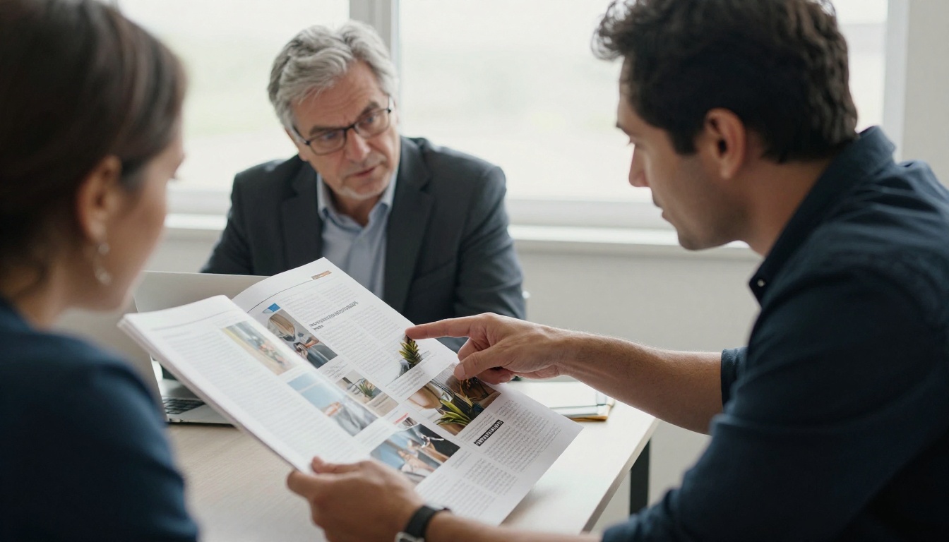 Two colleagues reviewing a catalog proof at a meeting table