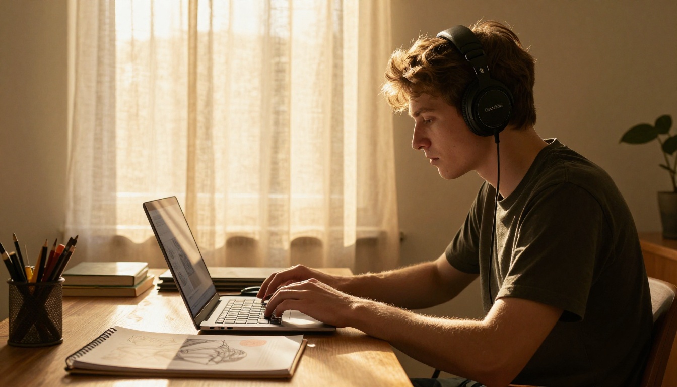 Freelance designer working on a laptop in a sunlit home office with a printed portfolio nearby Freelance designer working on a laptop in a sunlit home office with a printed portfolio nearby