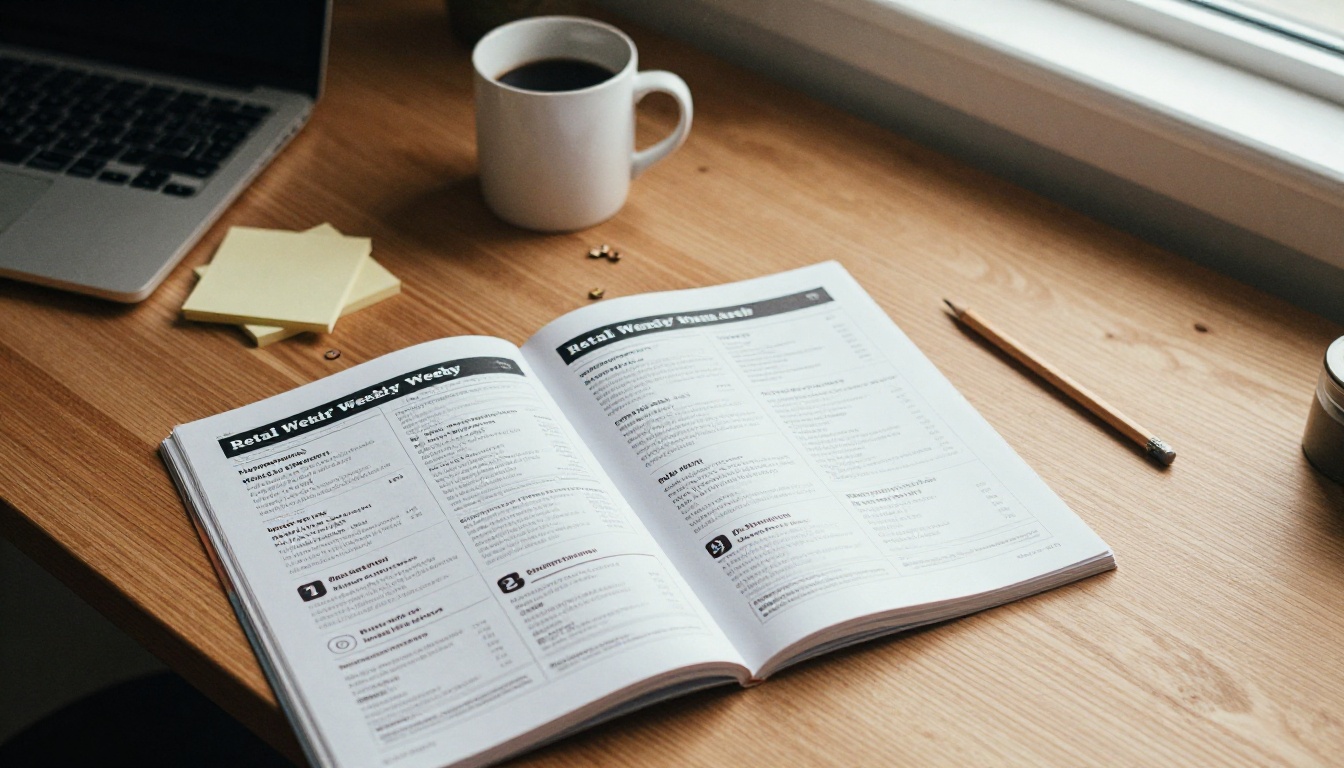 Marketer comparing a printed weekly ad with a layout on a laptop