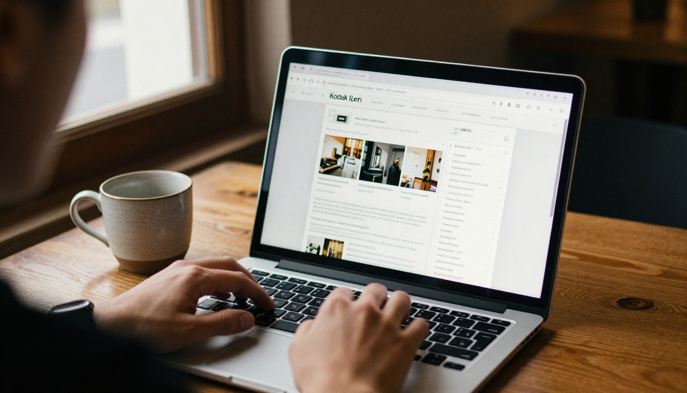 Freelancer working on a laptop in a cafe with a page layout on screen