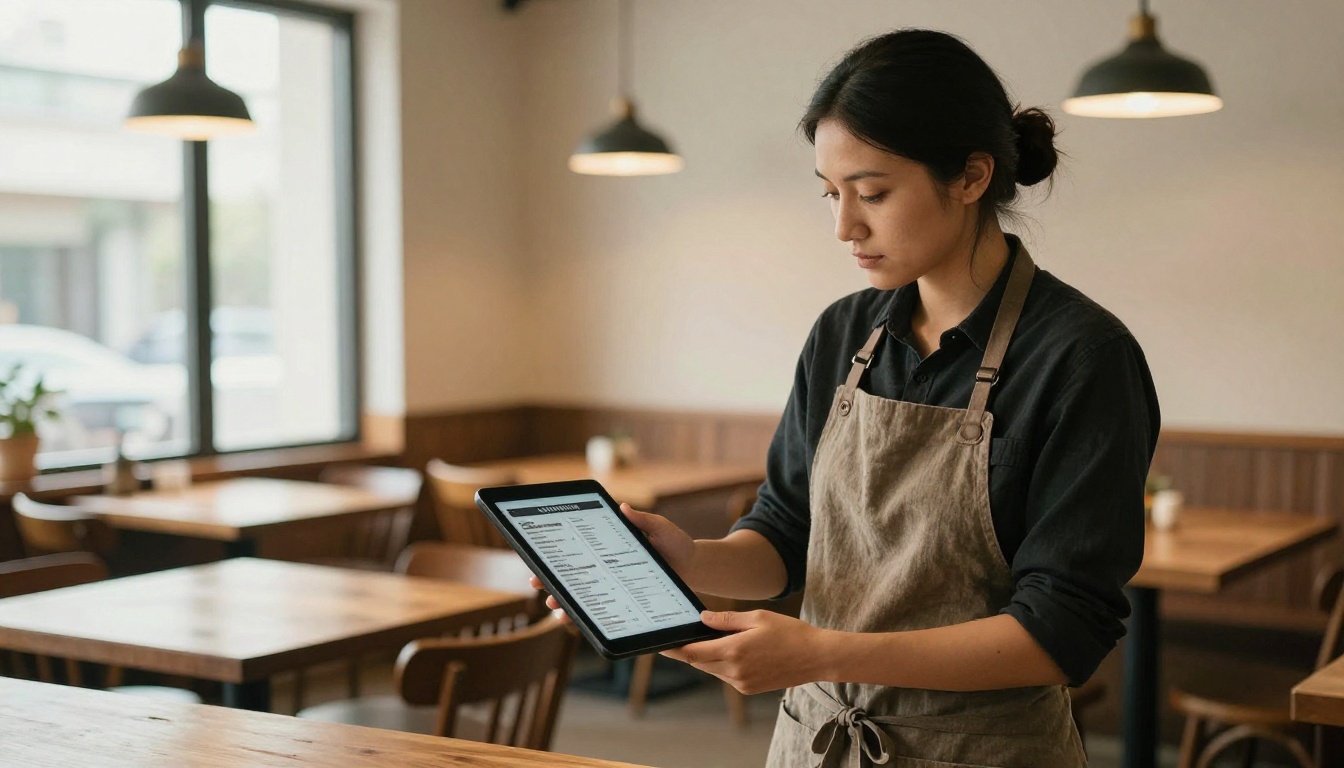 Restaurant owner holding a tablet showing a digital menu in a warm dining room Restaurant owner holding a tablet showing a digital menu in a warm dining room