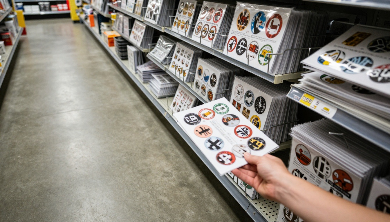 Hardware store aisle with printed circulars displayed on an end cap