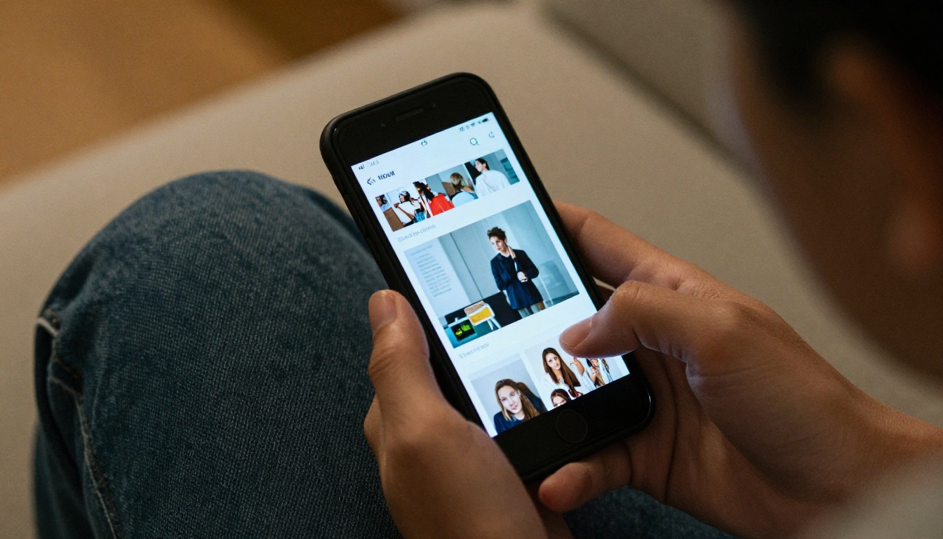 Person holding a smartphone displaying a digital magazine on a sofa