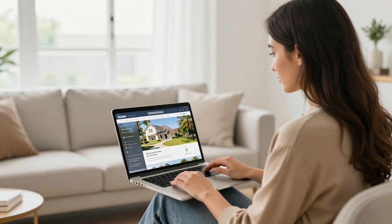 Real estate agent showing a digital property brochure to a client on a laptop Real estate agent showing a digital property brochure to a client on a laptop
