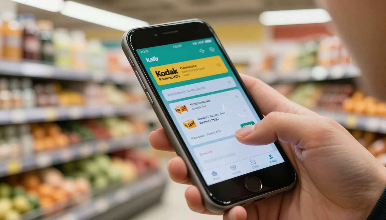 Shopper browsing a digital flyer on a smartphone in a produce aisle