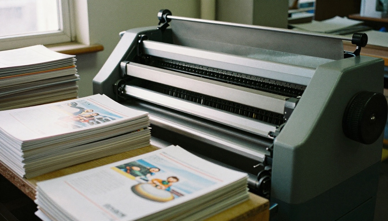Small print workshop with a press and stacks of finished catalogs