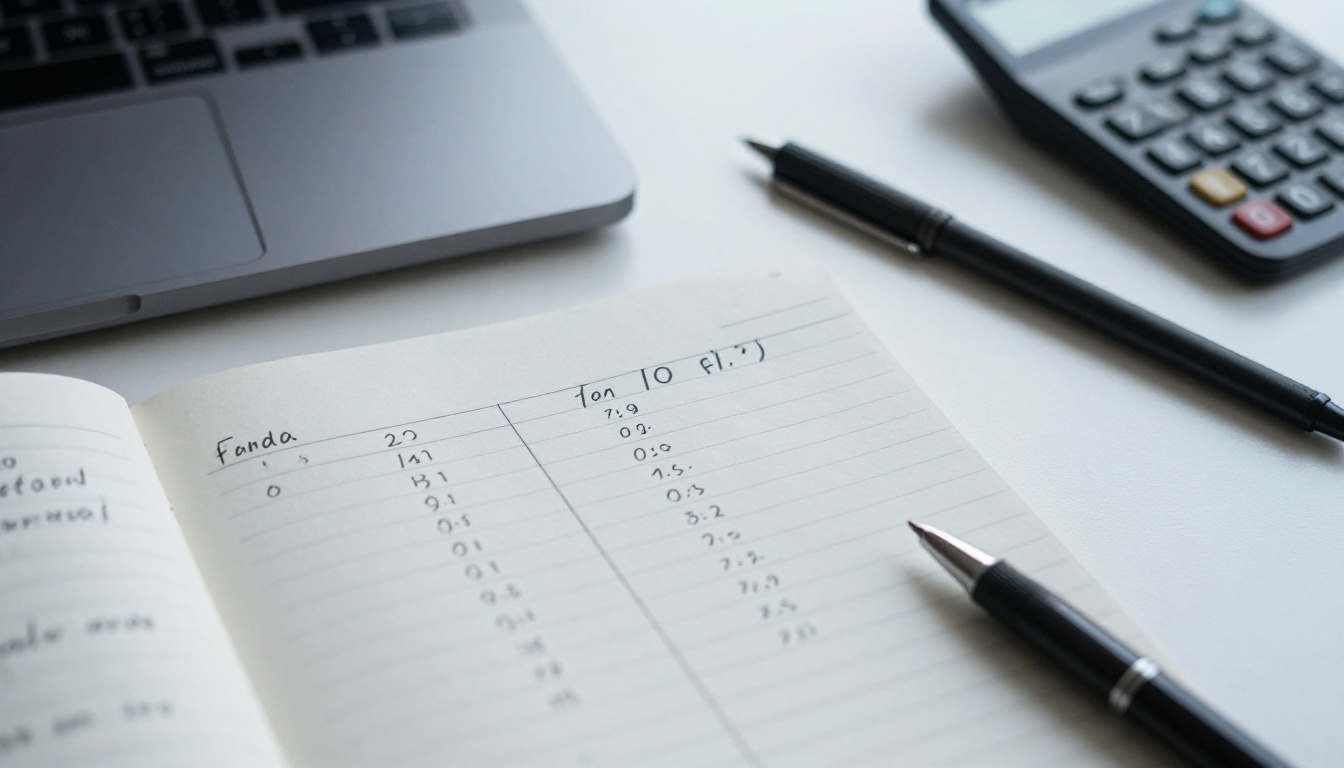 Notebook with handwritten pricing columns and a calculator beside a laptop Notebook with handwritten pricing columns and a calculator beside a laptop