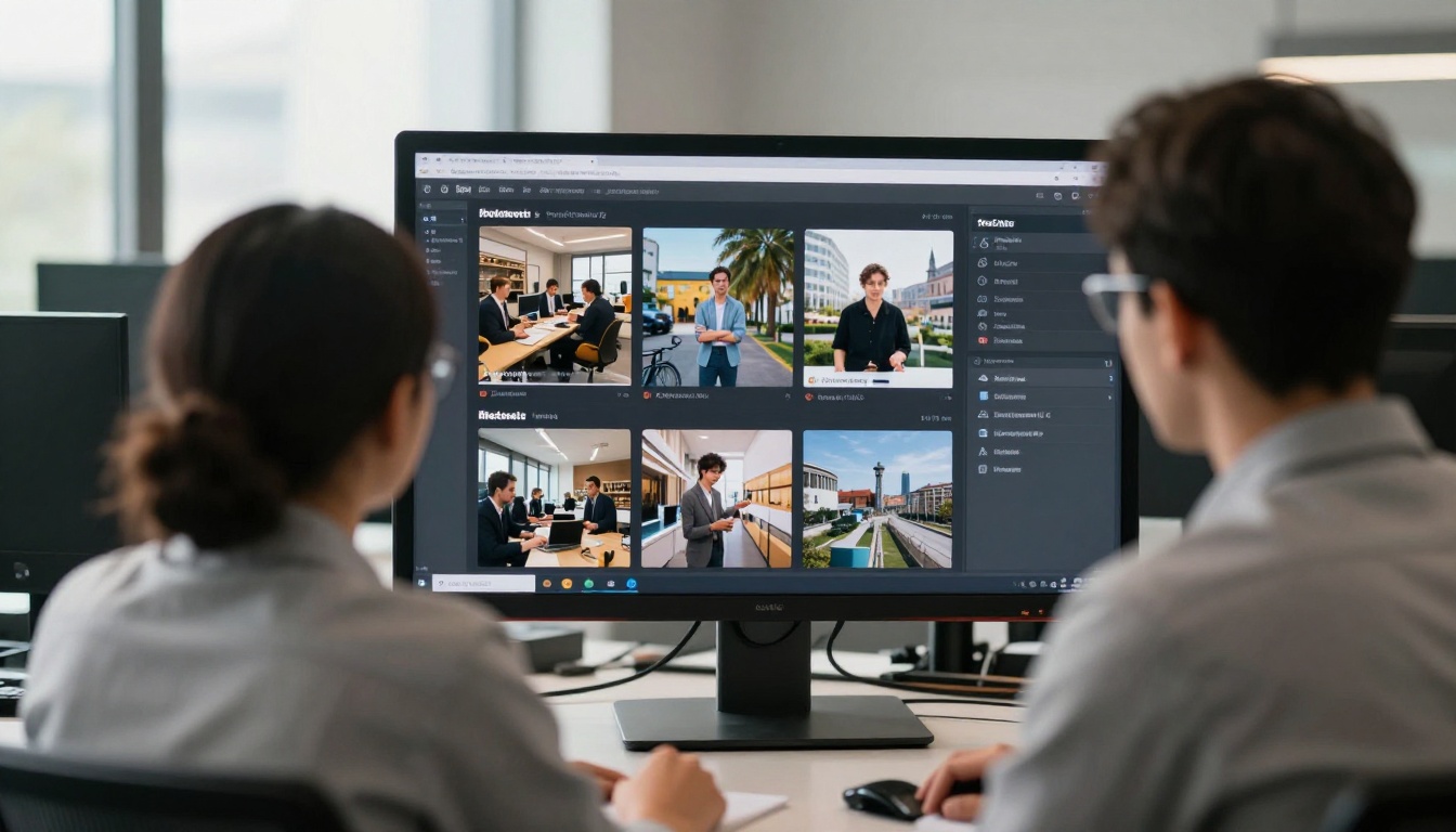 Team of marketers reviewing a digital catalog on a large monitor