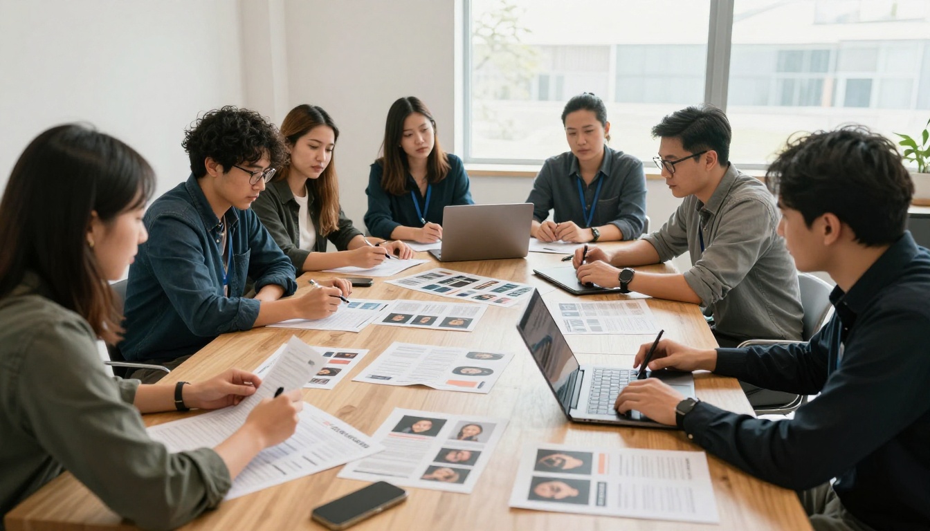 Retail team reviewing weekly ad proofs around a table