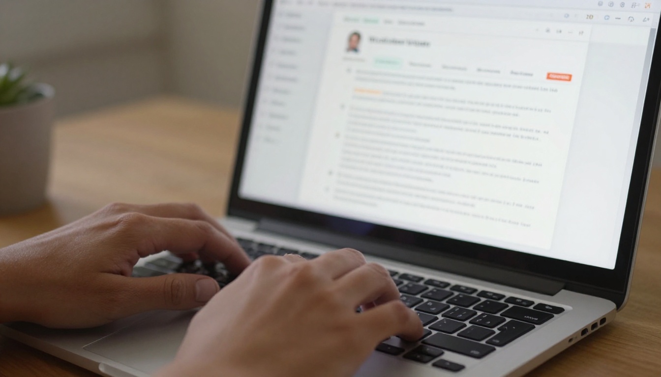 Hands typing on a laptop with a WordPress dashboard and a printed PDF report nearby Hands typing on a laptop with a WordPress dashboard and a printed PDF report nearby