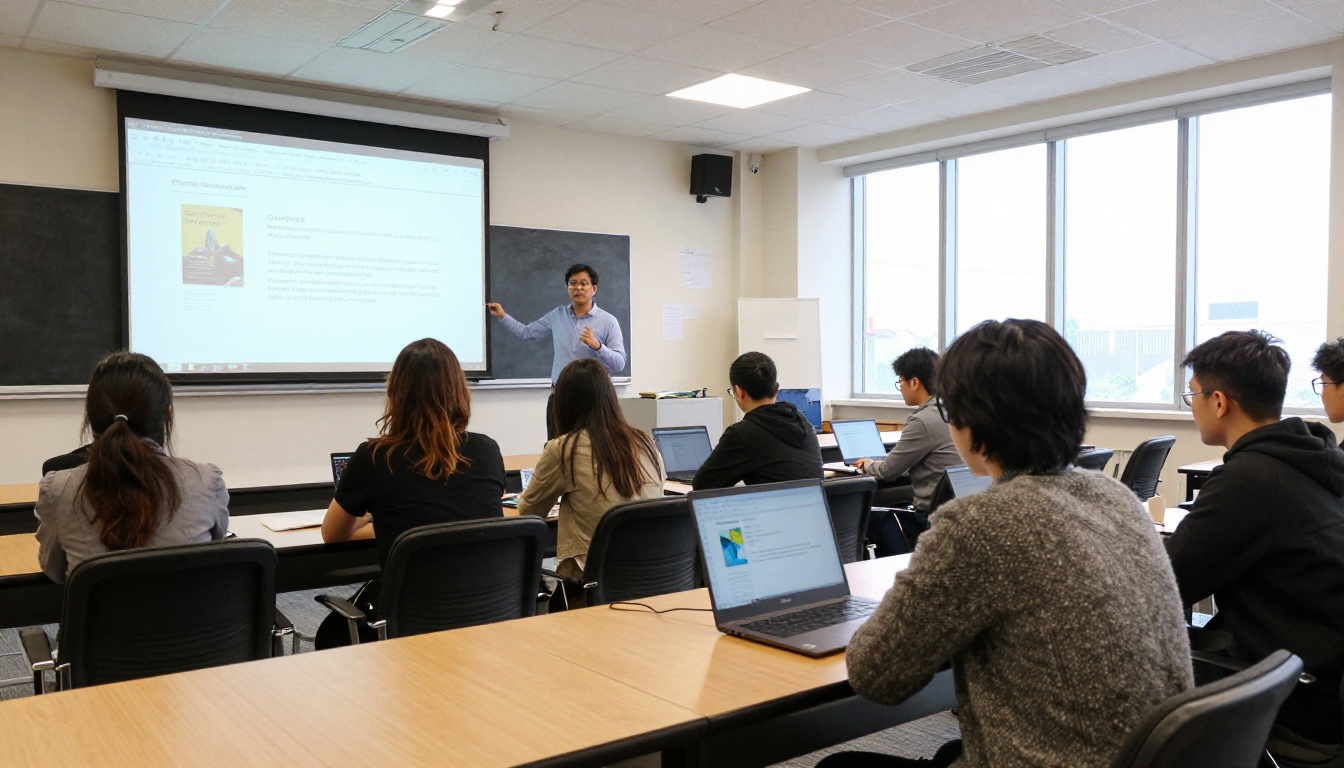 Lecturer sharing a digital course handbook on a wall display in a bright classroom Lecturer sharing a digital course handbook on a wall display in a bright classroom
