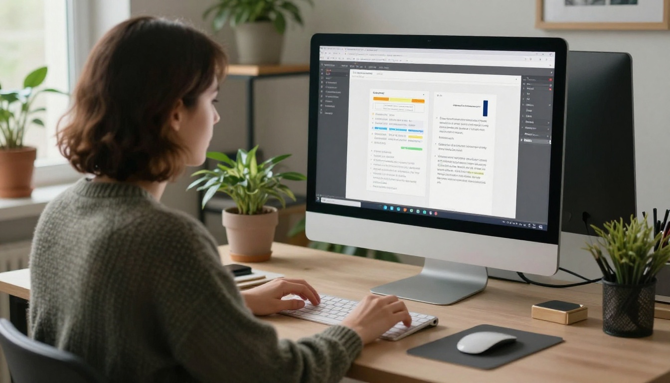 Designer editing a PDF flyer at a standing desk