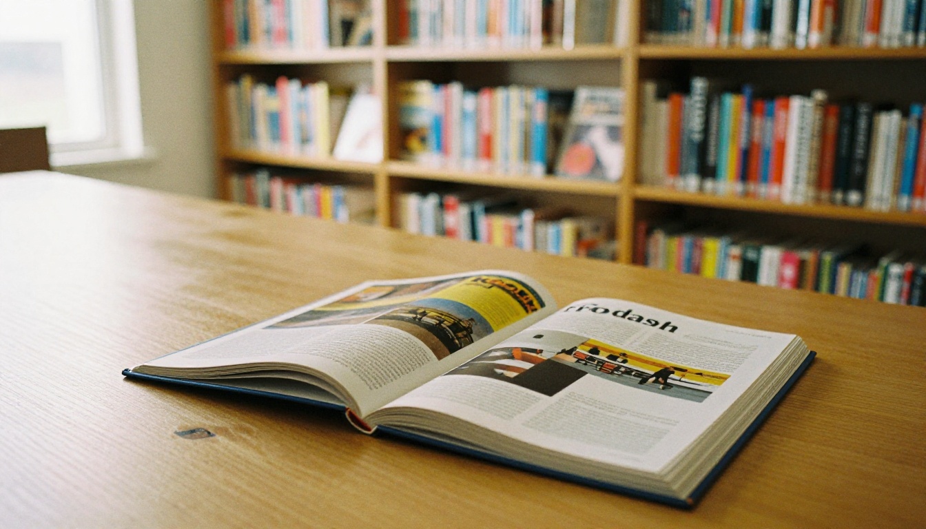 Low-angle view of a library shelf filled with printed magazines and catalogs, an open catalog on a wooden table Low-angle view of a library shelf filled with printed magazines and catalogs, an open catalog on a wooden table