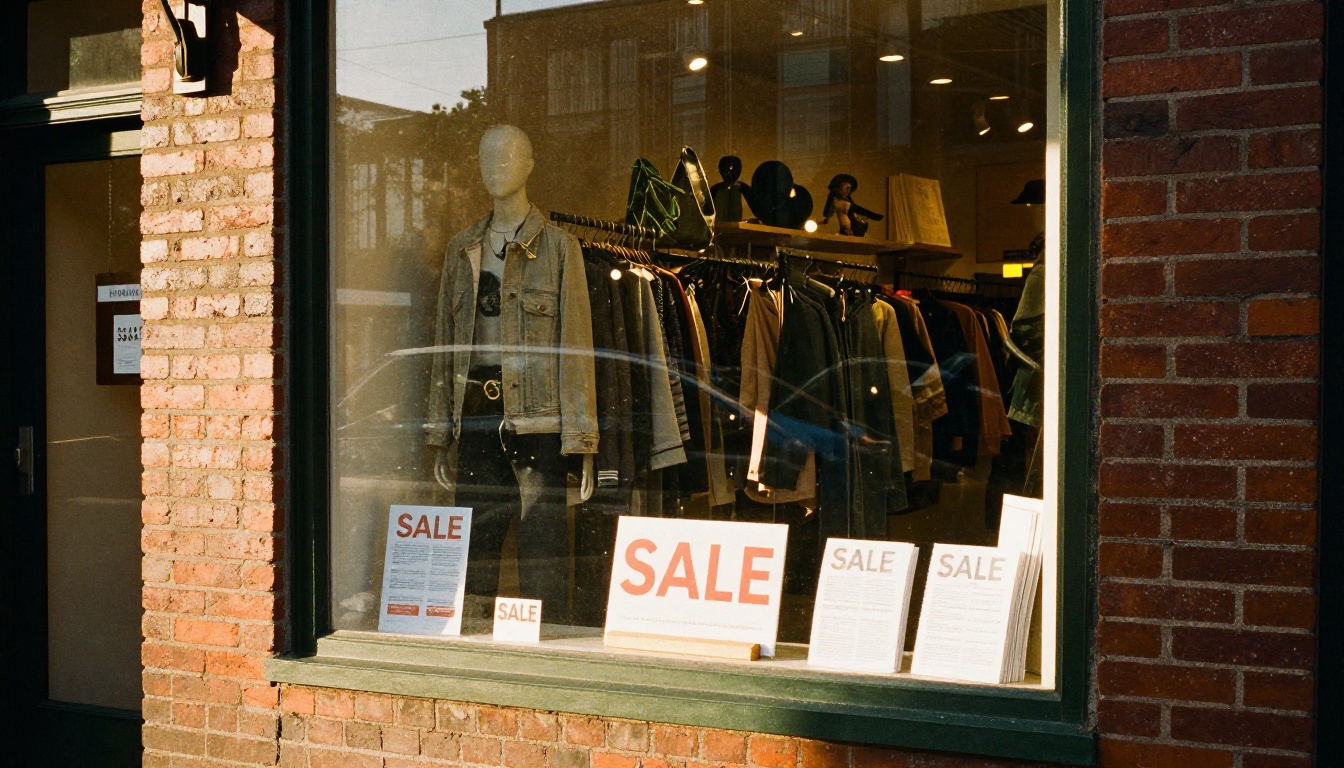 Boutique storefront with a stand of printed sale flyers