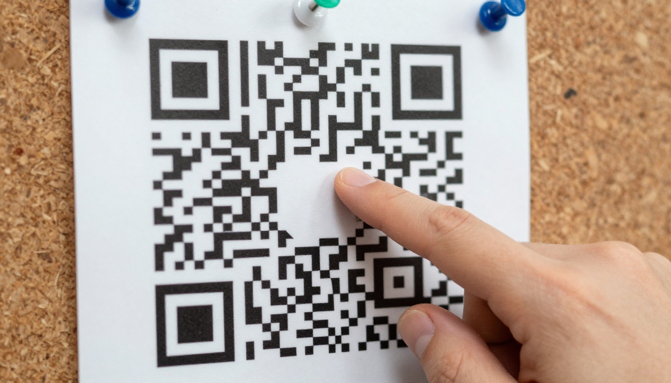 QR code printed on a flyer pinned to a cork board