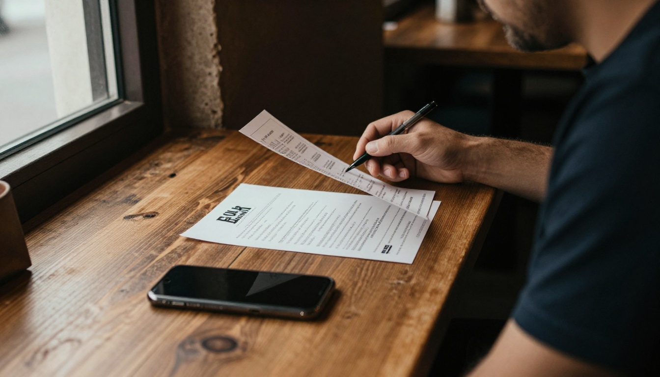 Restaurant owner reviewing a printed menu at a rustic wooden table with a smartphone beside it Restaurant owner reviewing a printed menu at a rustic wooden table with a smartphone beside it