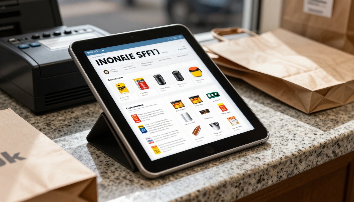 Tablet on a store counter showing a flipbook catalog page