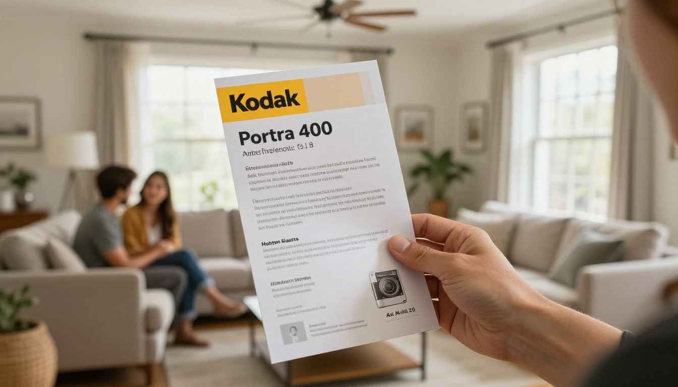Real estate agent showing a glossy property brochure to a couple in a sunlit living room Real estate agent showing a glossy property brochure to a couple in a sunlit living room