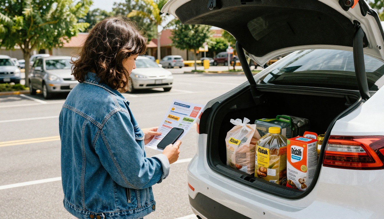 Shoppers comparing a printed flyer with a phone screen in a parking lot