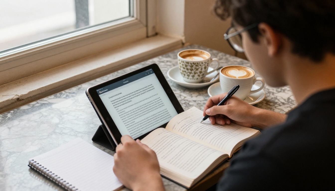Student reading a course PDF on a tablet in a university cafe with a cappuccino and notebook Student reading a course PDF on a tablet in a university cafe with a cappuccino and notebook