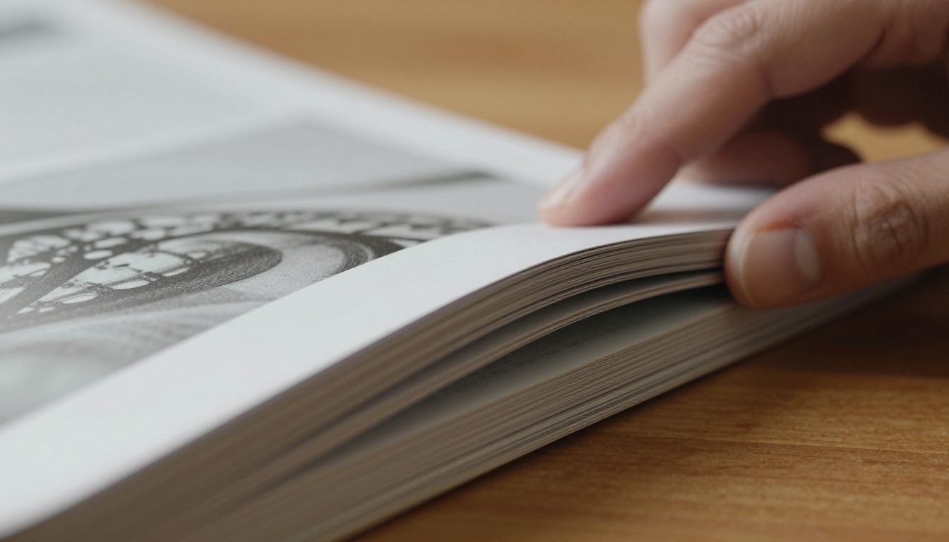 Close-up macro photograph of a hand turning a thick printed magazine page Close-up macro photograph of a hand turning a thick printed magazine page