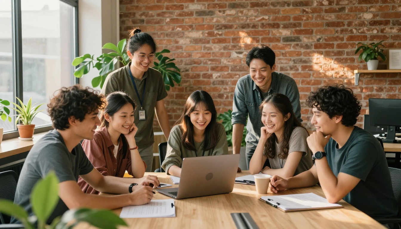 Small agency team celebrating around a laptop in a bright open office with plants and a brick wall Small agency team celebrating around a laptop in a bright open office with plants and a brick wall