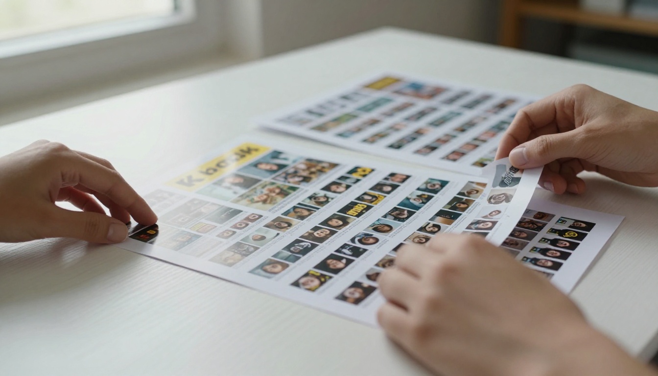 Hands arranging printed brochure layouts on a white oak table