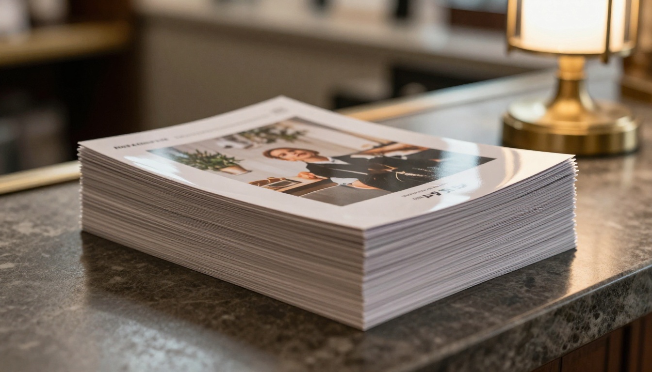 Stack of folded brochures on a boutique hotel reception counter