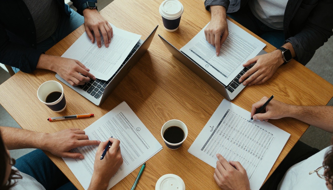 Team comparing brochure tools around a coworking table