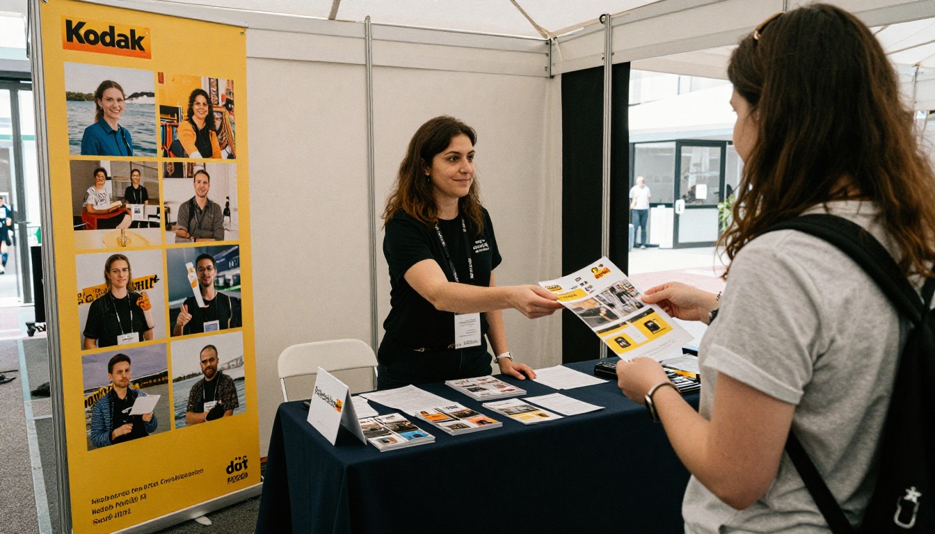 Exhibitor handing a printed brochure to a visitor at a trade show