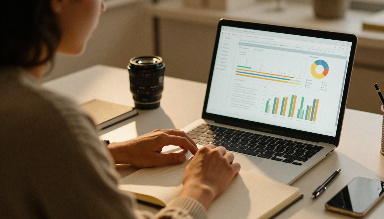 Designer reviewing reader analytics on a laptop