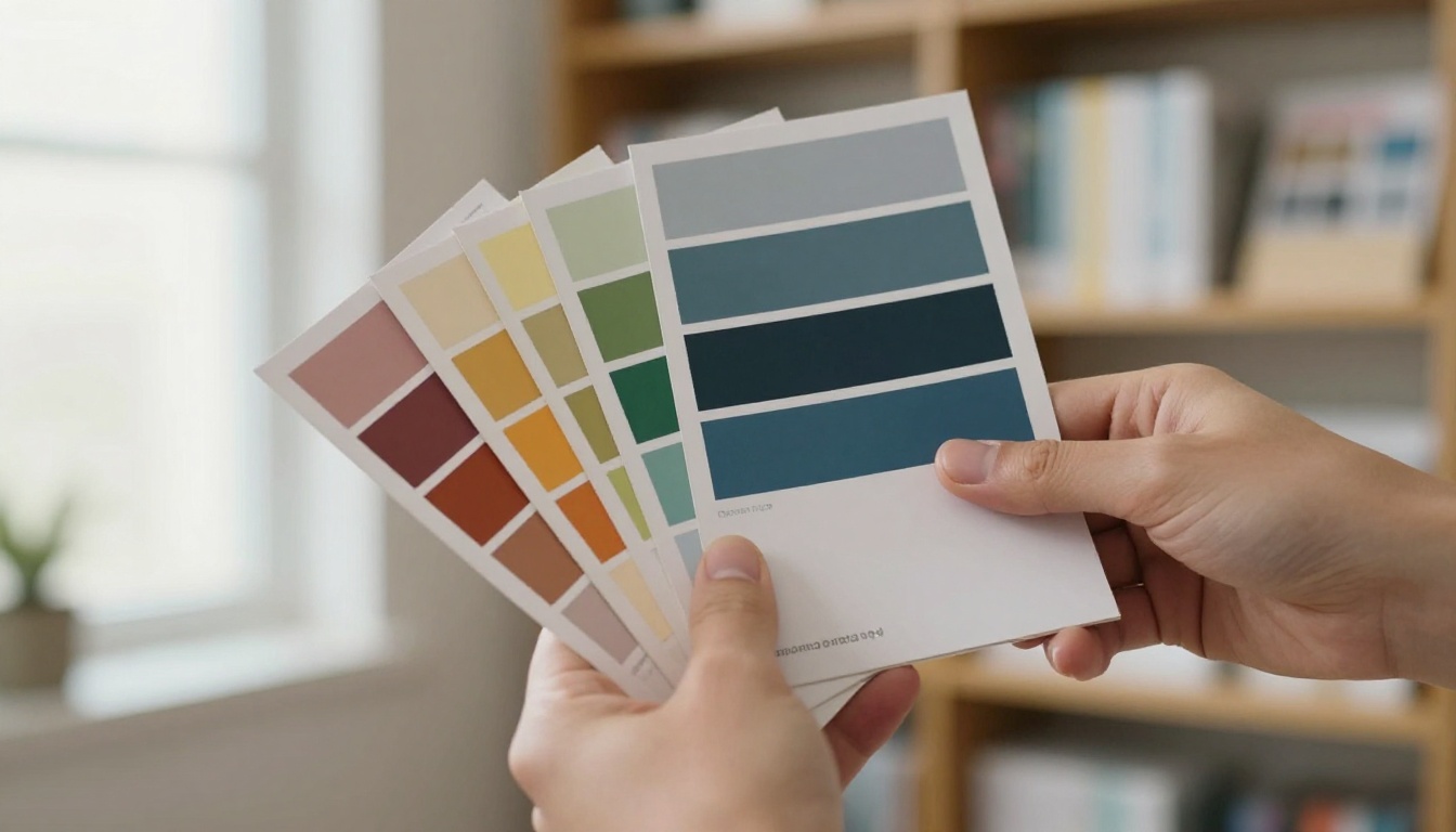 Designer holding a color swatch fan against a printed brochure cover
