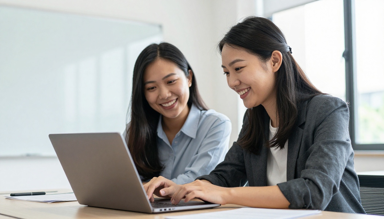 Colleagues sharing a brochure link while reviewing a laptop