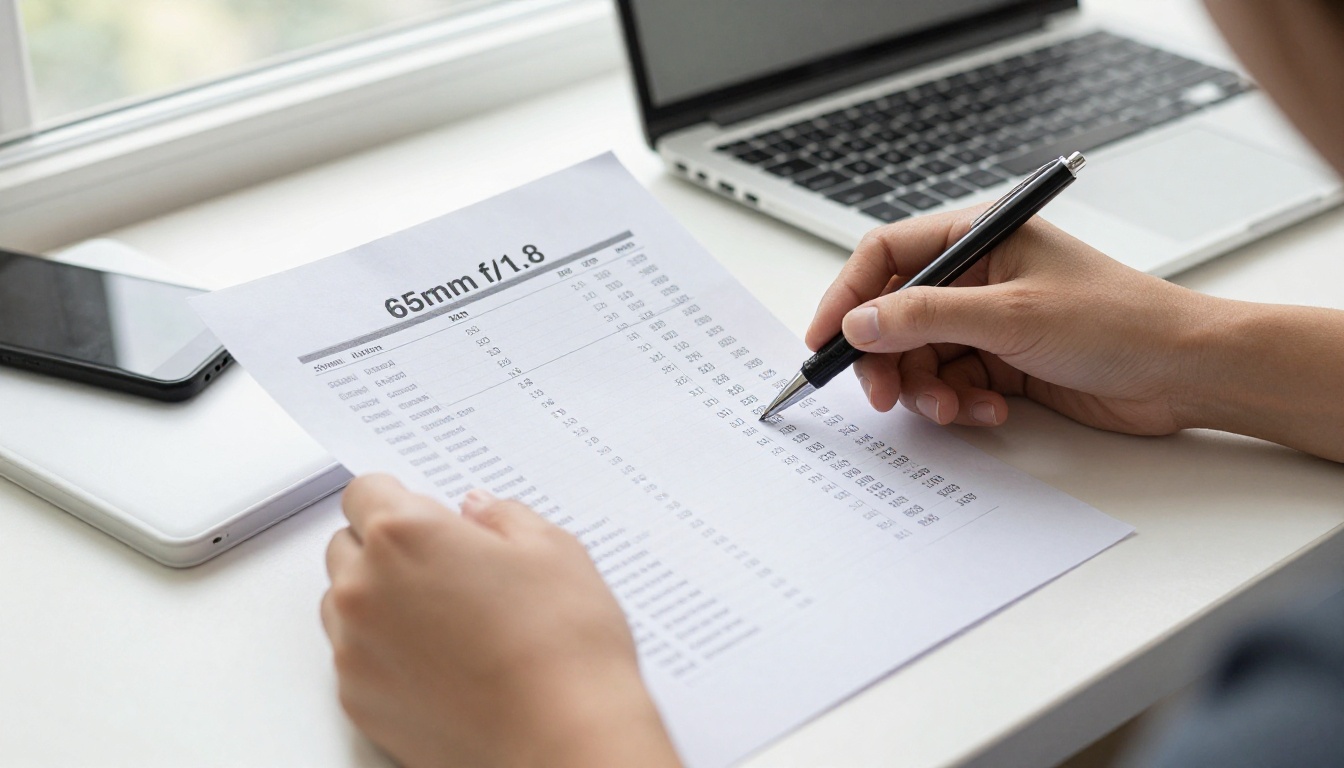 Woman's hands pointing at a printed pricing comparison sheet beside a laptop