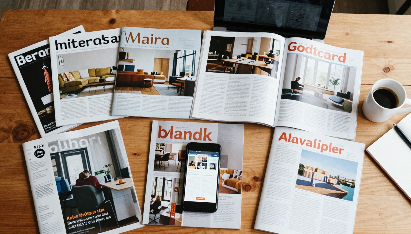 Aerial view of printed magazine issues arranged on a wooden table beside a laptop