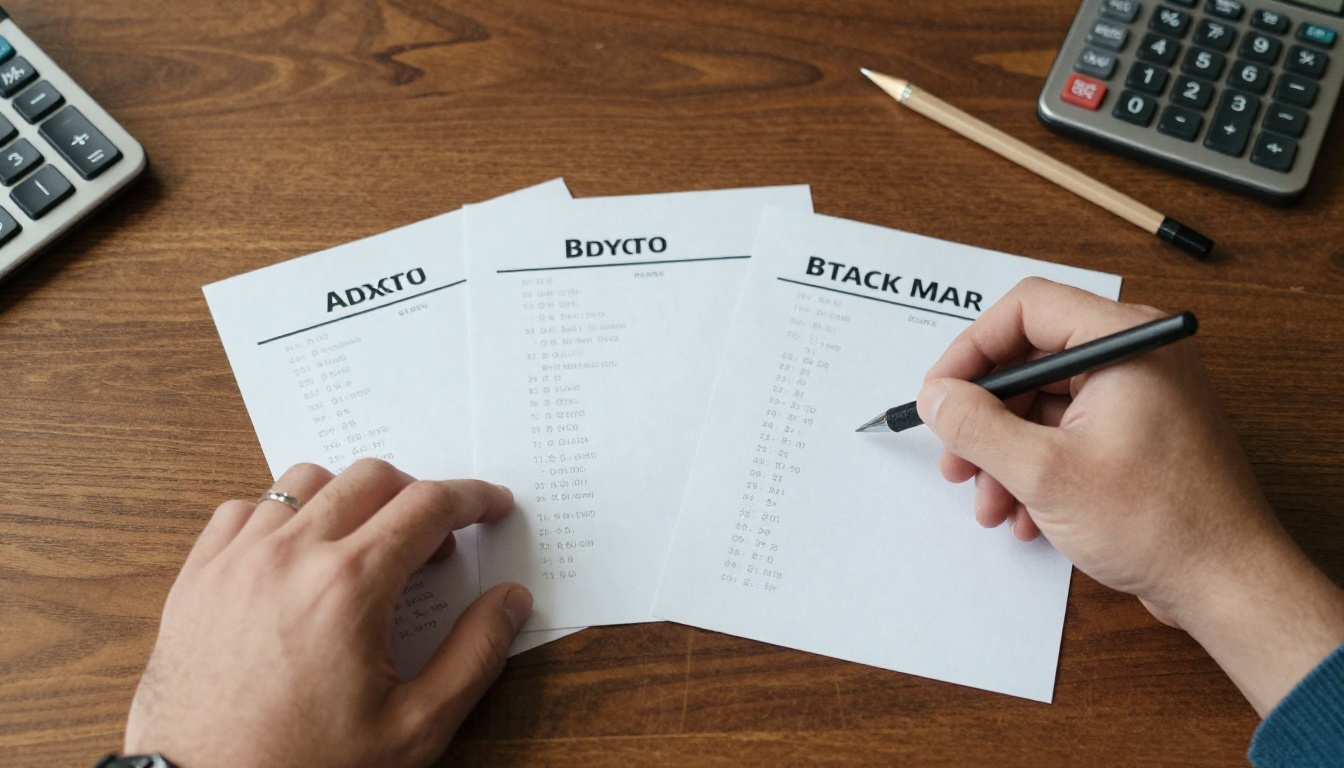 A marketer reviewing printed price sheets next to a tablet