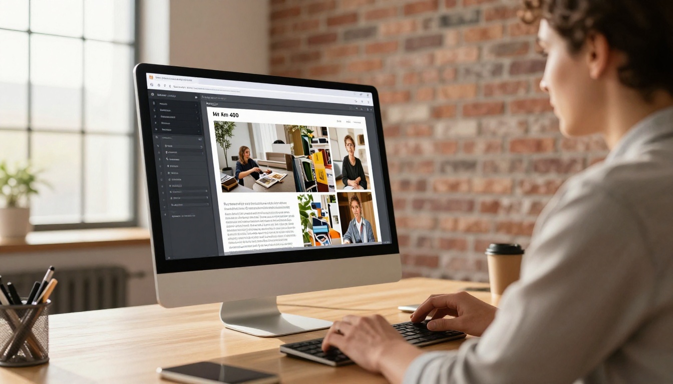 Low-angle view of a business owner reviewing a digital magazine on a large monitor