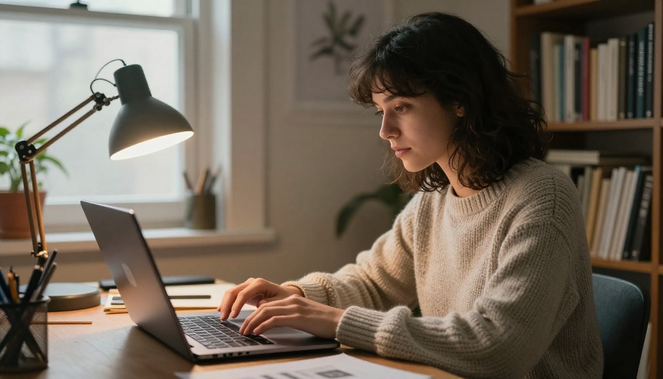 A freelance designer working on a laptop in a home studio