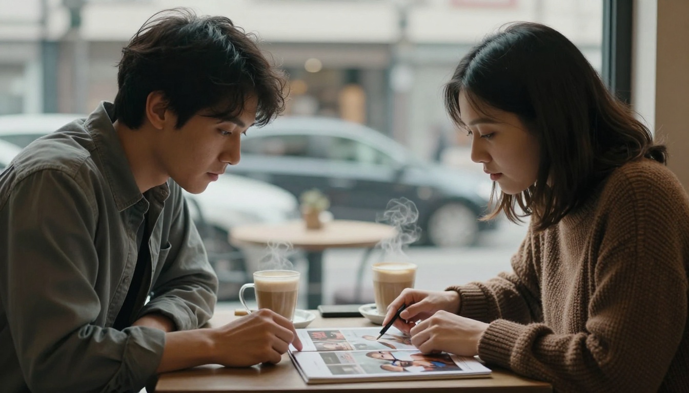 Two colleagues discussing a magazine layout on a tablet at a café table