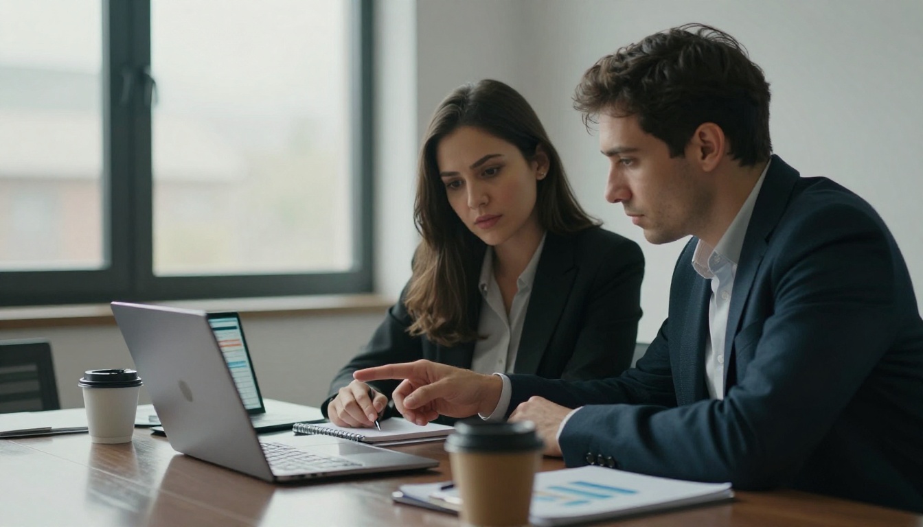 Two colleagues reviewing analytics on a laptop at a glass table