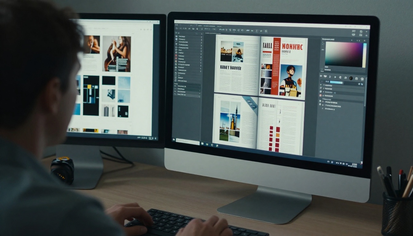Over-the-shoulder view of a designer exporting a magazine PDF on dual monitors