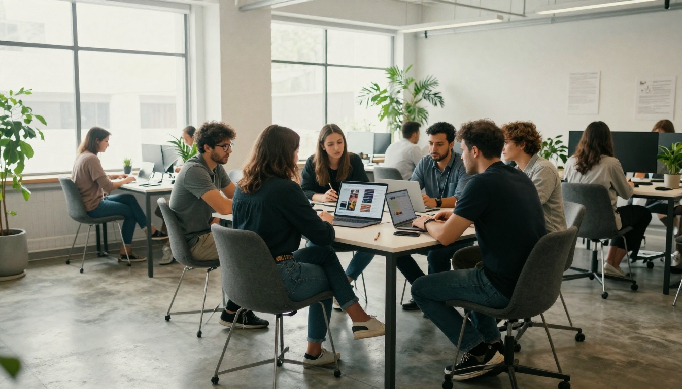 Co-working space where a small team gathers around a table with a laptop