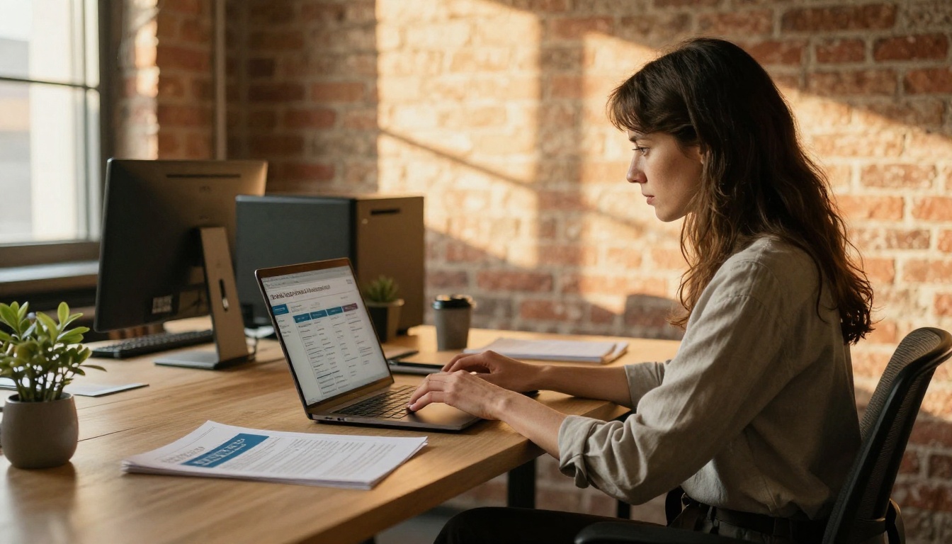 A person at a standing desk typing next to a printed annual report