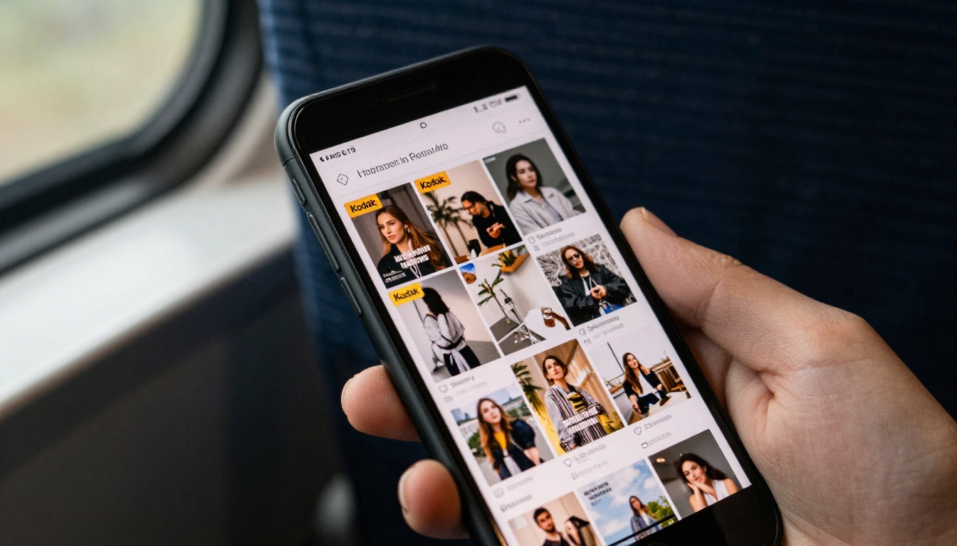 Hand holding a smartphone displaying a digital magazine cover on a train seat