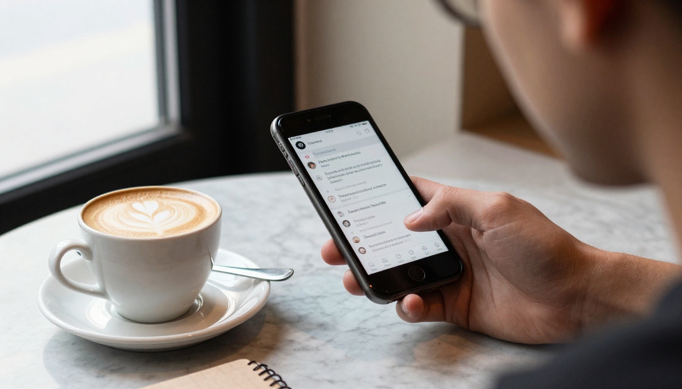 A person reading a flipbook on a smartphone in a café