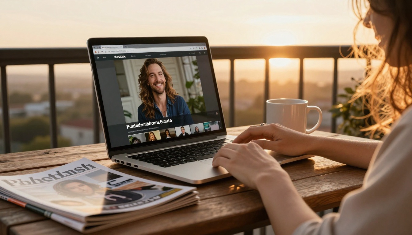 Publisher closing a laptop at sunset beside a stack of printed magazines